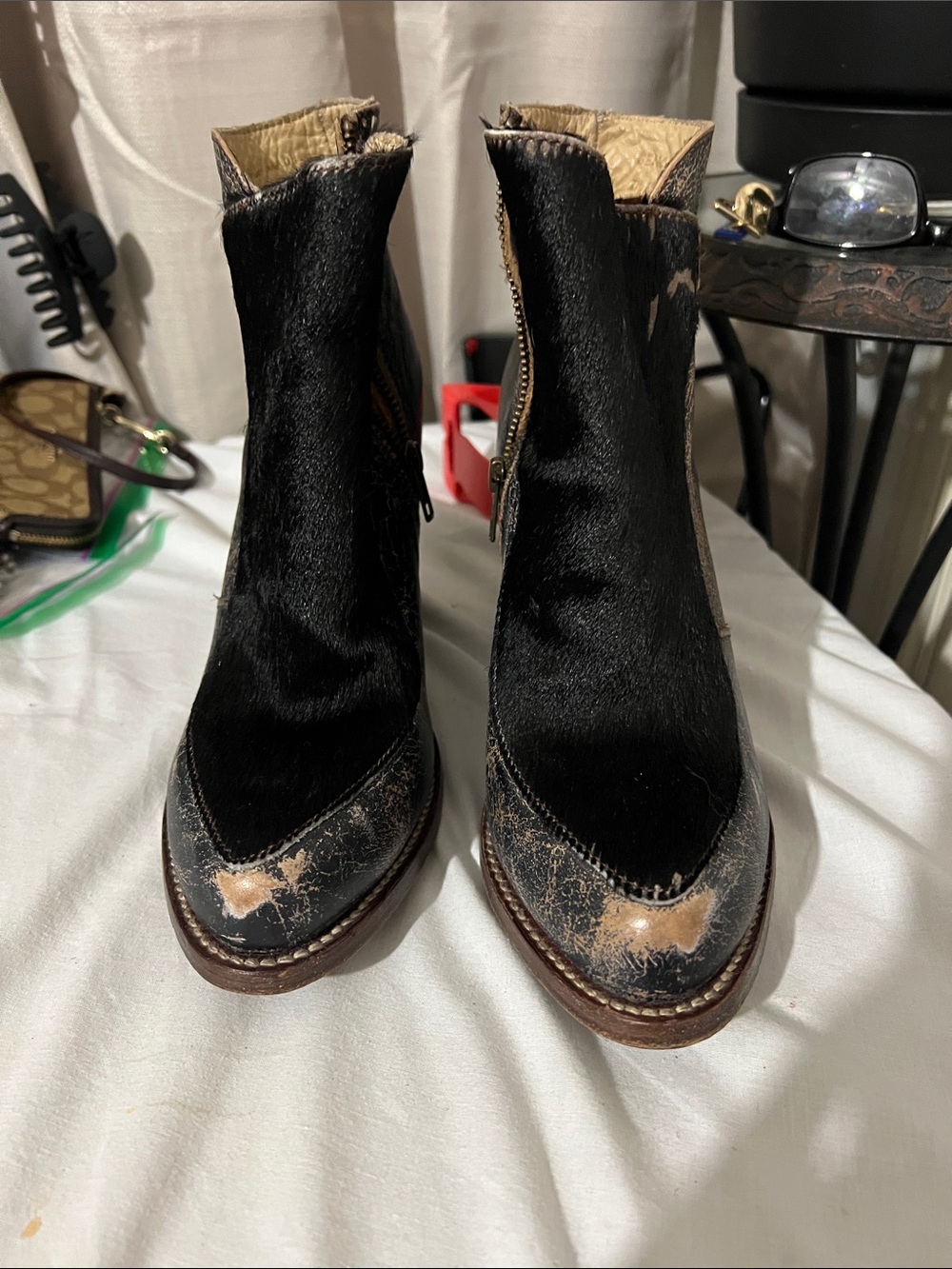 Black Ankle Booties with Contrasting Distressed Trim size 91/2